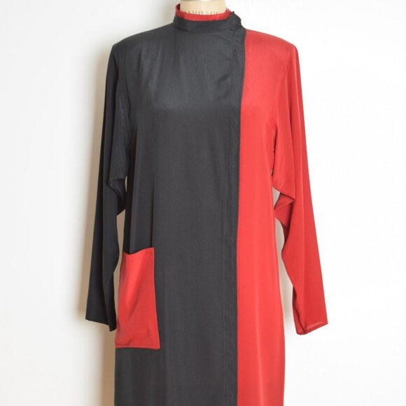 vintage 80s dress black red color block futuristic mod modest space age M - Picture 2 of 9